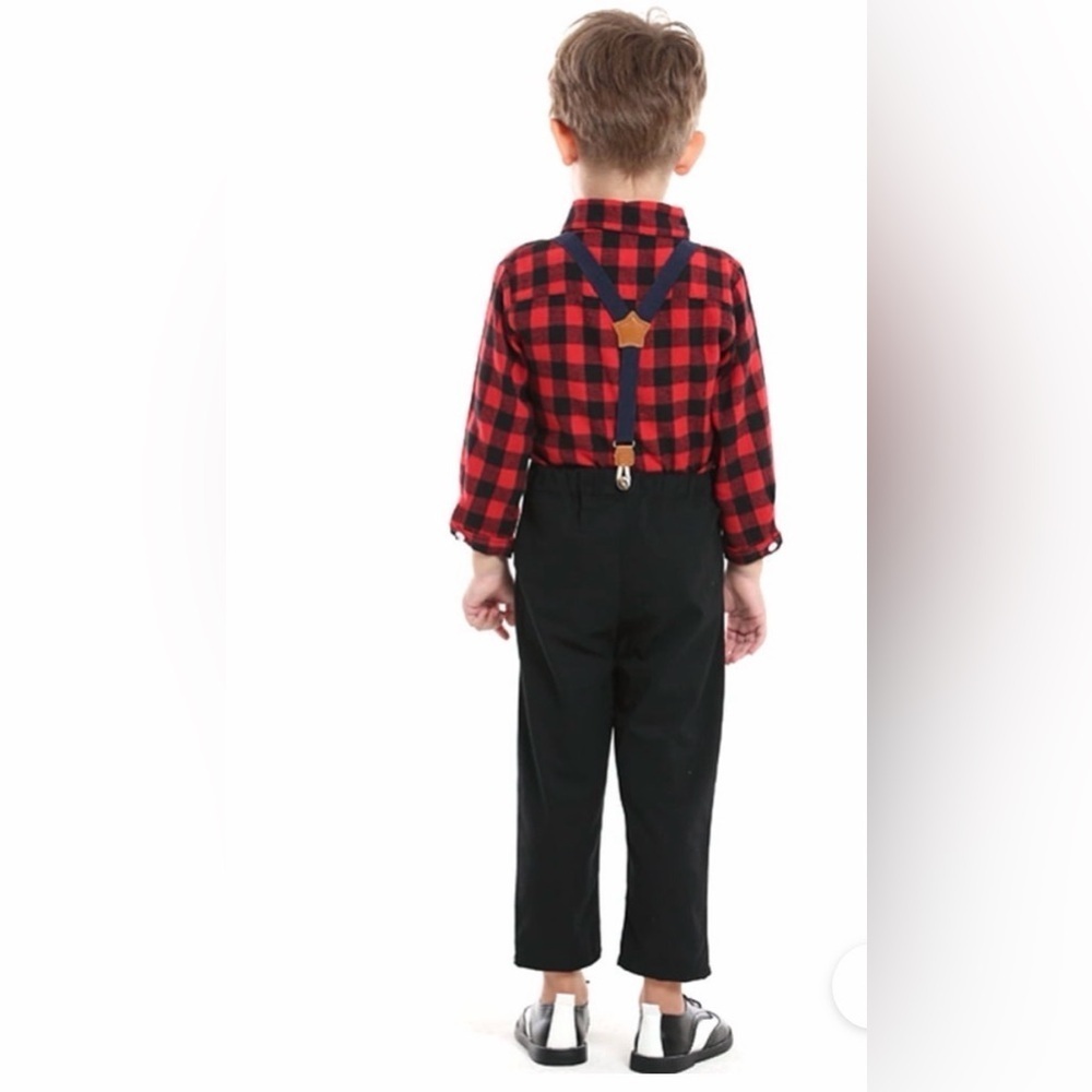 Carter's baby boy's red plaid shirt and black suspender pants outfit set. 3T - Picture 4 of 8